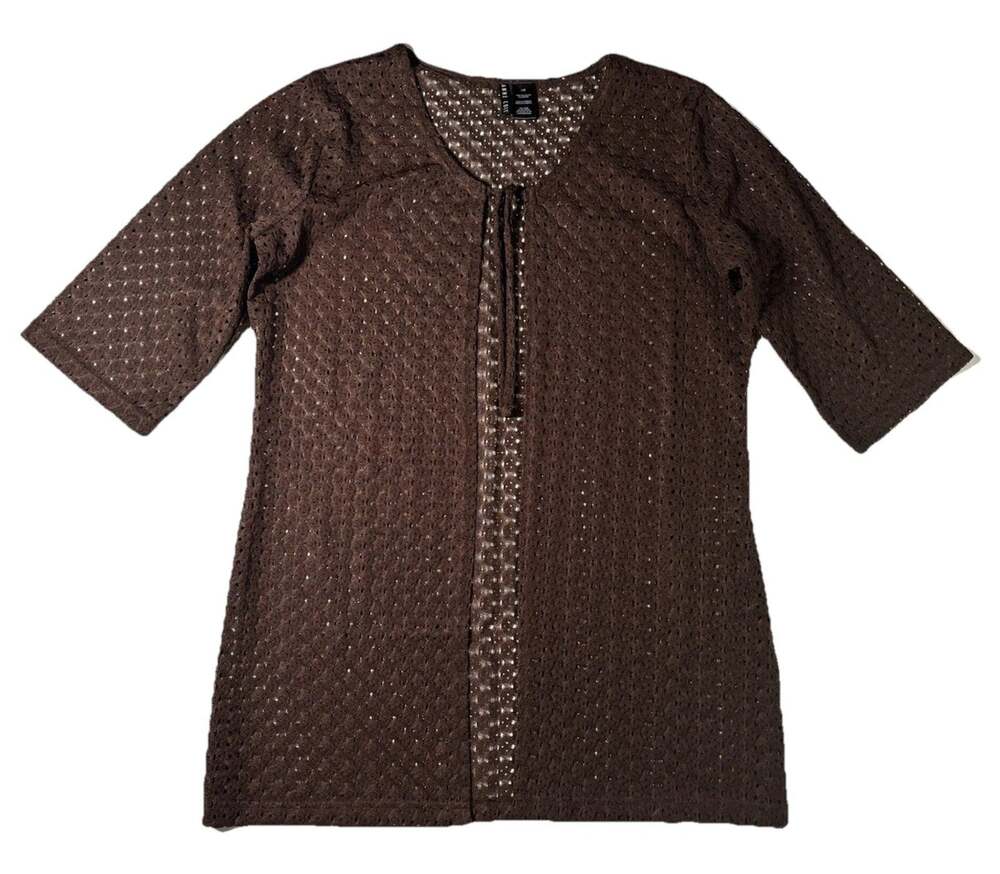 Anne Cole Women’s Size Large Open Knit Open Front Cardigan Tie Neck 3/4 Sleeve